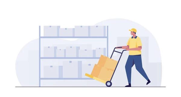 Warehouse Worker Pushing Hand Truck Vector Illustration – stockfoto