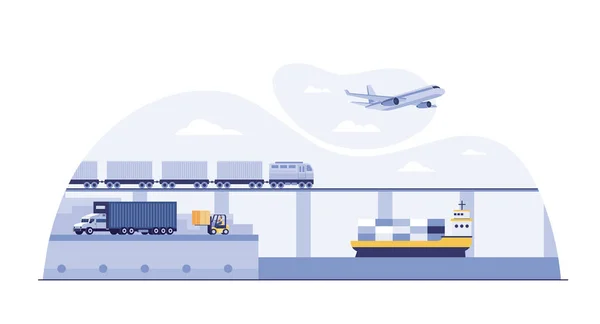 Global Logistics Concept Airplane Truck Train Ship — Zdjęcie stockowe