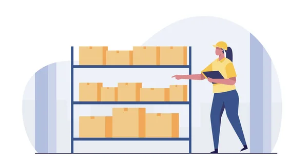 Woman Warehouse Checking Inventory Levels Goods Shelf Vector Illustration — Stockfoto