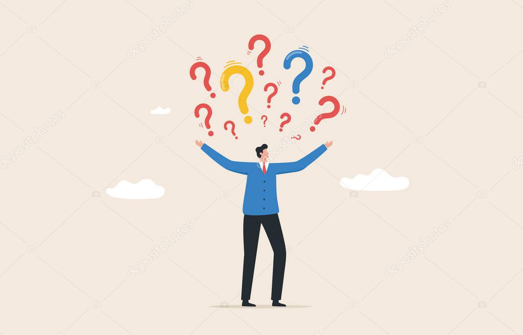 Decision making under conditions of uncertainty. Choose an option or Answer questions or solutions. Businessman are looking for answers.