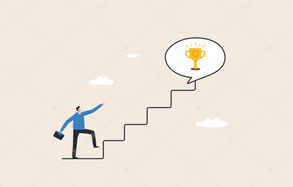 Motivation to drive success from business. achievement. or reward encourages employees to develop and succeed. Businessman running on the stairs to catch the winner trophy.