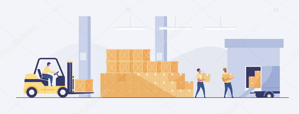 Warehouse Interior with Boxes On Rack And People Working. Logistic Delivery Service Concept. vector illustration