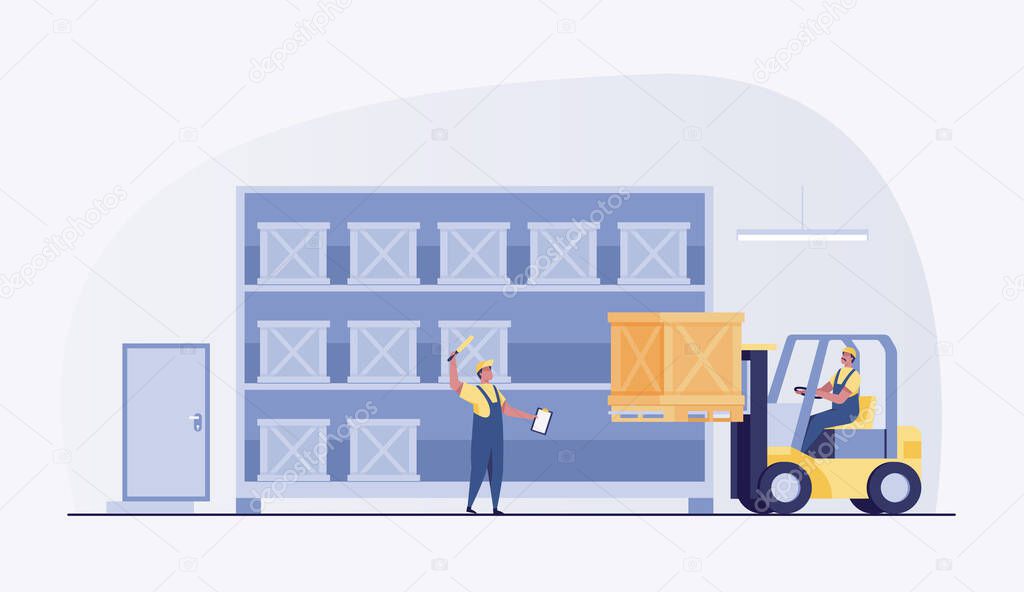 Warehouse man worker with forklift. vector illustration