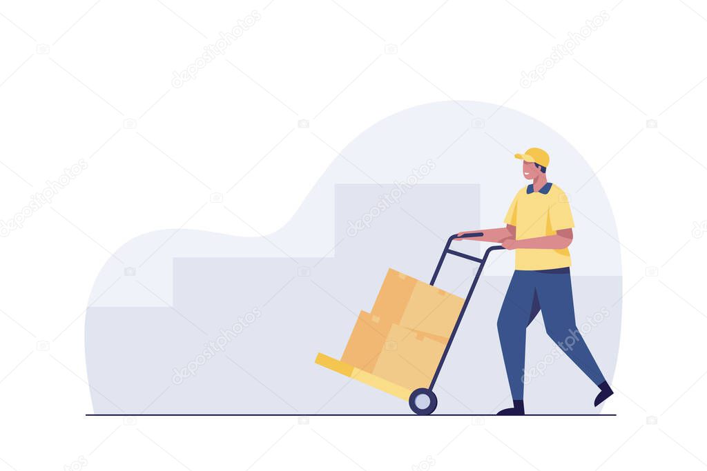 delivery man rolling cardboard box cargo trolley pushcart.