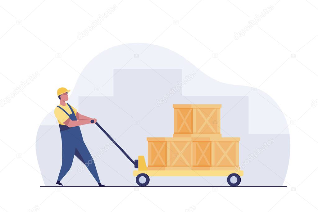 delivery man rolling cardboard box cargo trolley pushcart.