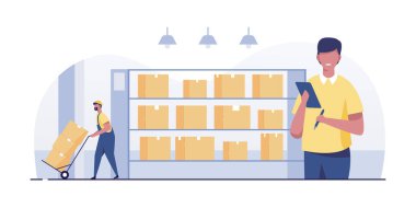 Warehouse worker checking list of storage boxes.