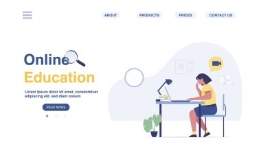 Children homeschooling or distance education for kids web page. litle girl doing homework.