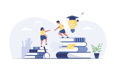 Boys and girls climb stacks of books. achievement level of education and development of personnel and skills.