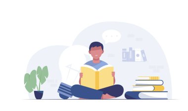 boy reading book while sitting learning and literacy day concept