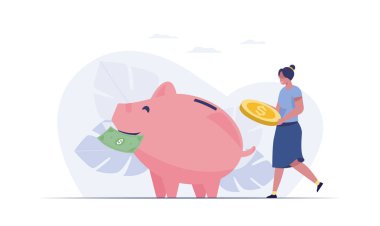 Saving money concept. piggy bank with coins, girl holding coin. vector illustration