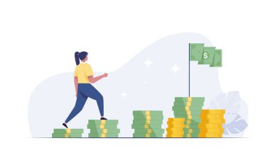 Business woman is climbing stairs from stacks of coins toward his financial goal. vector illustration