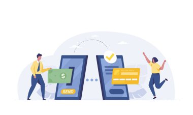 Cep telefonu ödemeleri. Temassız maaş, parası ve akıllı telefon vektör konsepti olan insanlar..