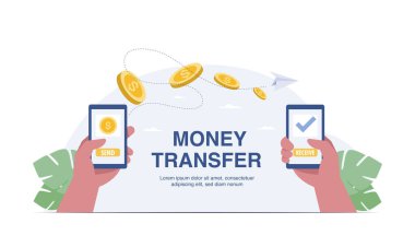 Mobile money transfer with hand holding mobile phone. vector illustration clipart
