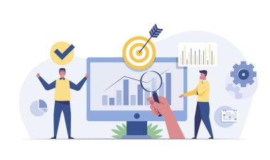 Business people analytics and monitoring on web report dashboard monitor concept. vector illustration.