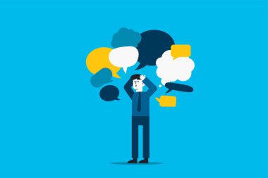 Businessman with speech bubble. thinking, ruminating, overthinking, stressful, looking for ideas.
