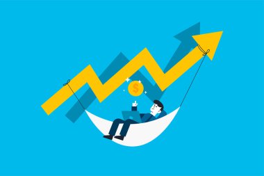 Success online trader, stock market and crypto currency internet trading. Businessman is lying in hammock with laptop.