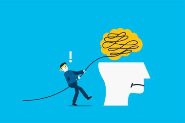 A businessman trying to unravel tangled rope from giant head.