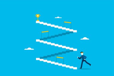 A businessman walks or runs up the stairs to a goal. Climb the ladder of success and advance in the work. of the most powerful organization business finance plan.