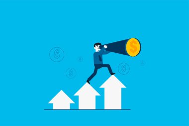 A businessman standing on the arrow looking through a telescope searching for financial opportunity.