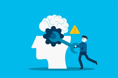 Düşünme sürecini düzeltiyorum. Beyin Düşünme Sistemi. Adam beynindeki dişlileri tamir edip yağlıyor.