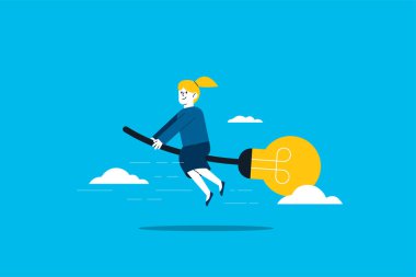 İş adamı süpürge cadı ampulü fikri. Hızlı düşünme, yaratıcılık ve yenilik yeni ürünü değiştirmek veya icat etmek, sorunu çözmek, yeni fikir kavramını keşfetmek