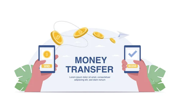 Mobile money transfer with hand holding mobile phone. vector illustration