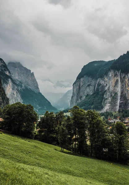 Lauterbrunnen valley, Switzerland. Swiss Alps. Cozy small village in mountains. Beautiful landscape, Europe.