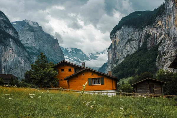 Lauterbrunnen valley, Switzerland. Swiss Alps. Cozy small village in mountains. Beautiful landscape, Europe.