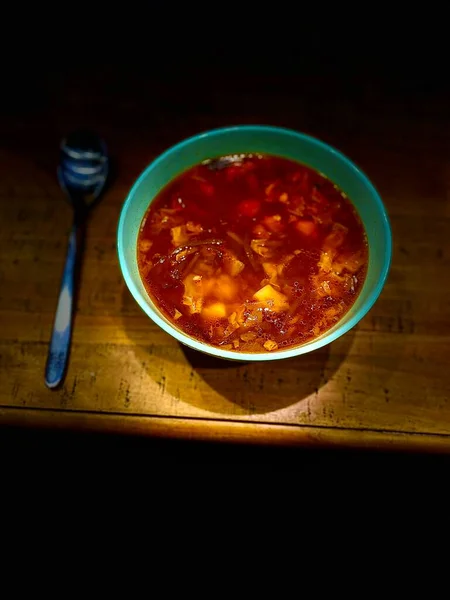 Assiette Soupe Sur Table — Photo