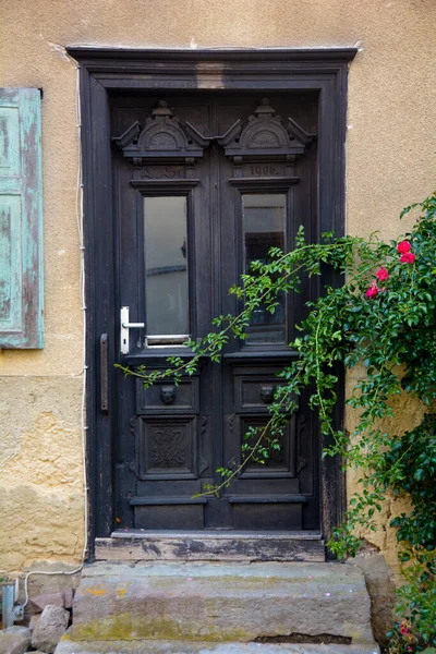 Old Door Made Wood Glass Old House Stairs Green Plants — Stock Photo, Image