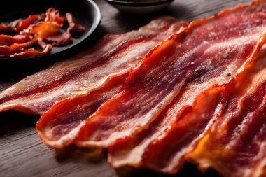 Mutfakta pastırma şeritleri, et, etobur gıda konsepti.