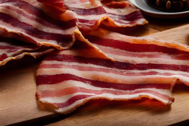 Mutfakta pastırma şeritleri, et, etobur gıda konsepti.