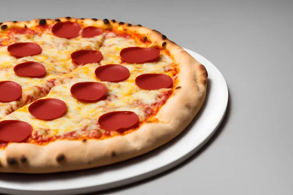 Side view of a delicious, juicy pepperoni pizza - fatty fast food item