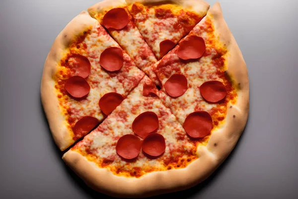 Vista Superior Uma Deliciosa Suculenta Pizza Pepperoni Com Fatias Irregulares — Fotografia de Stock