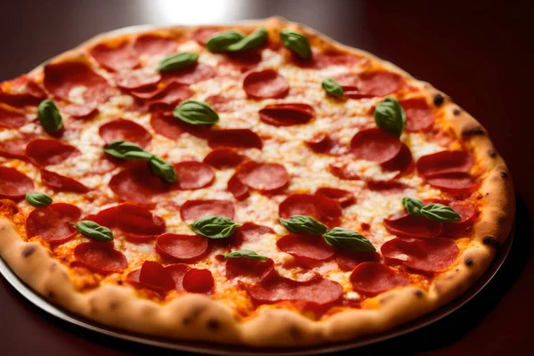 Vista Confusa Uma Deliciosa Pizza Suculenta Com Pepperoni Manjericão Fast — Fotografia de Stock
