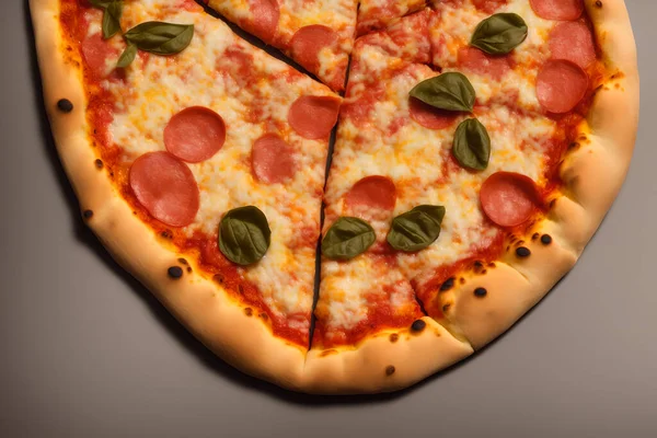 Vista Superior Uma Deliciosa Pizza Suculenta Com Pepperoni Manjericão Fast — Fotografia de Stock