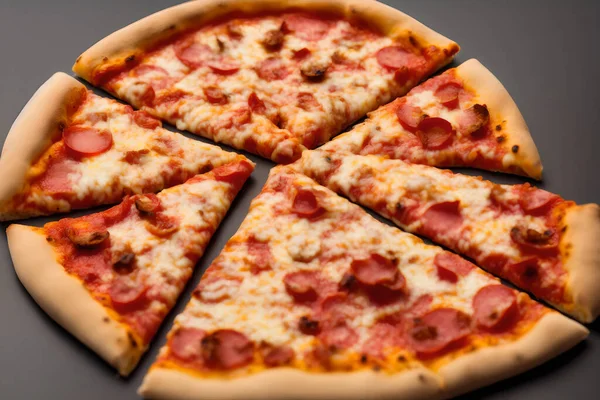 Uma Dose Média Pizza Deliciosa Suculenta Com Queijo Carne Fast — Fotografia de Stock