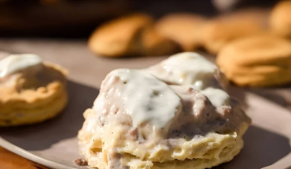 biscuits and gravy, breakfast food item, yummy and savory meal