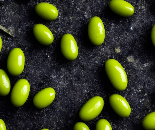 Olives Vertes Source Huile Olive Nourriture Pour Petit Déjeuner — Photo