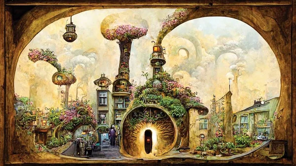 Steampunk digital art. Fantasy town of dreams, city street with blooming flowers. Printable wall art, digital painting