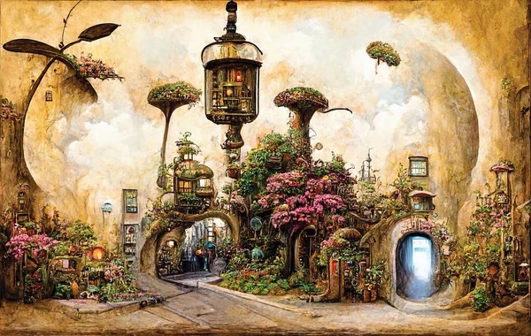 Steampunk digital art. Imaginary city of dreams, street with blooming flowers. Printable wall art, digital painting