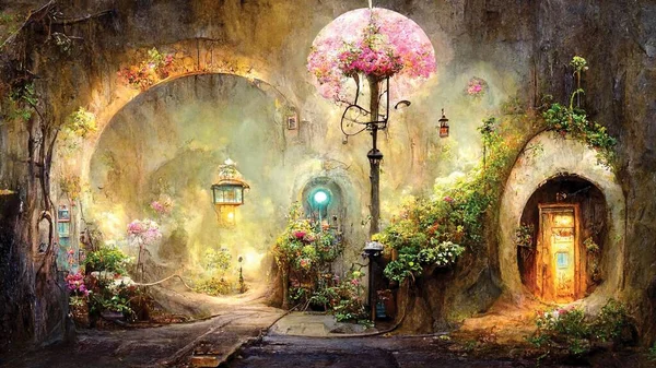 Town street with magic door. Fantasy art painting, digital art, printable wall art