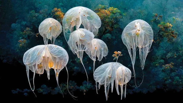 Beautiful fantasy jellyfishes, underwater life painting. Digital illustration, printable wall art