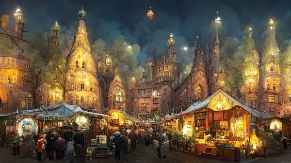 Christmas fairy lights of fair in old town, holliday illumination of buildings on the square of the old town. Digital iilustration, printable wallpaper, background or post card