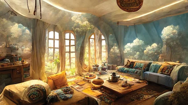 Fantasy living room, abstract interior home, room design. Digital art, printable painting wallpaper