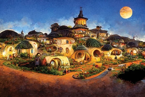 Fantasy world, fairy tale village, countryside landscape with buildings for the game. 3D illustration, background or wallpaper, digital ai art