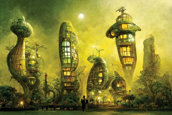 Futuristic landscape, fantasy future town, sci-fi illustration, alien architecture. Digital art, ai artwork, wallpaper or background