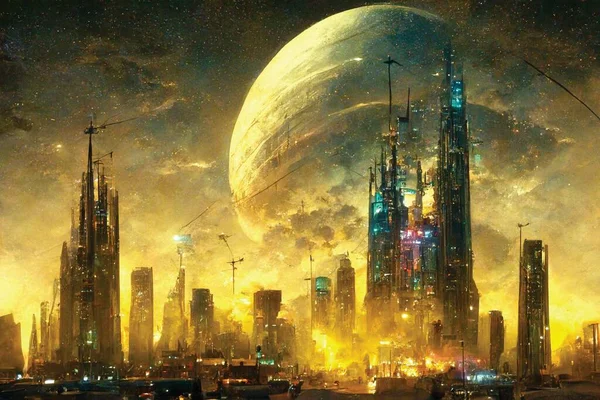 Futuristic city, fantasy landscape, sci-fi illustration, town of the future. Digital art, ai artwork, wallpaper or background