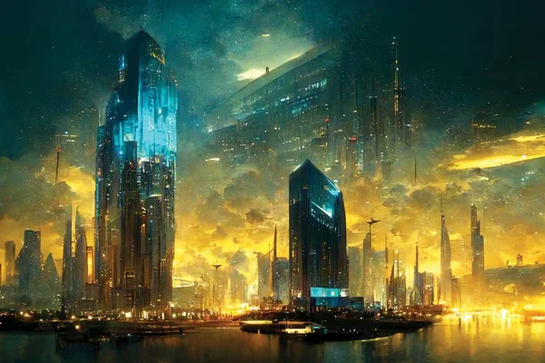 Futuristic city, fantasy landscape, sci-fi illustration, town of the future. Digital art, ai artwork, wallpaper or background