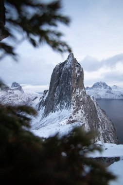Kuzey Norveç 'teki Segla denilen Senja yarımadasındaki buzlu kayalık bir dişe benziyor. Fjordgard köyü yakınlarında turistik bir yer. Kuzey Kutup Dairesi 'nin ötesindeki manzara. İskandinavya.
